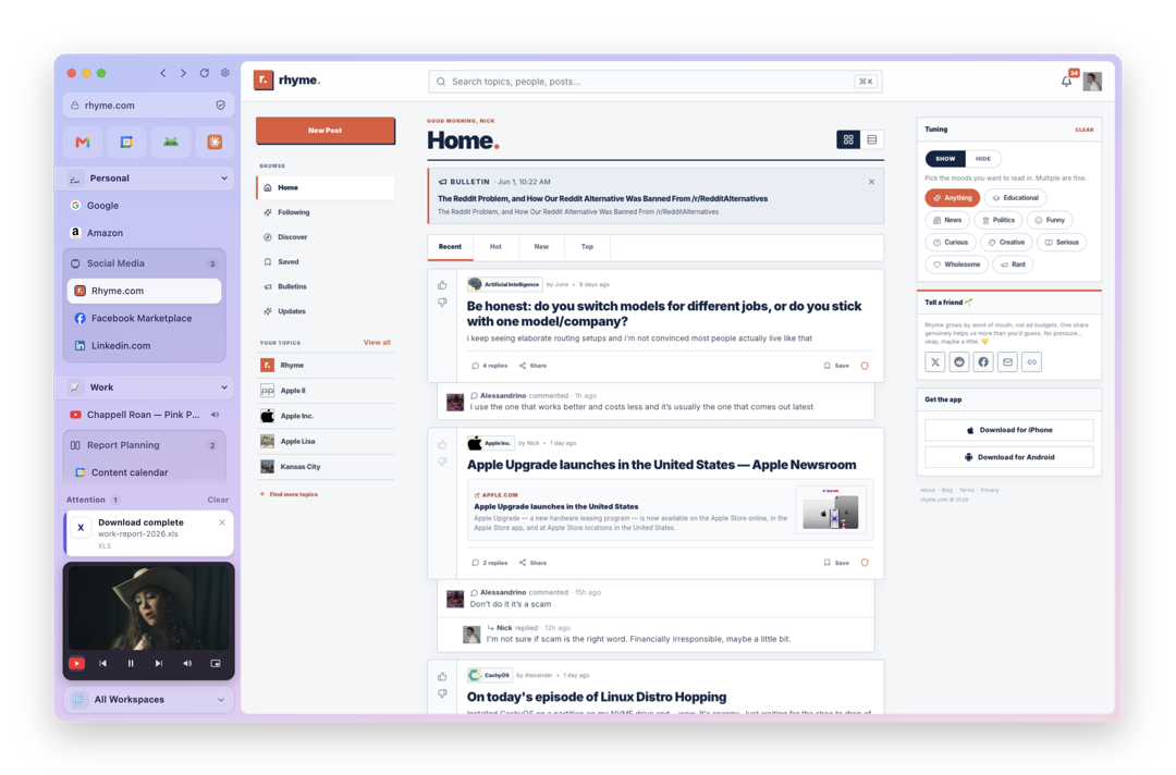 The Viola browser showing workspaces, tab groups, notifications, a mini player, and Rhyme